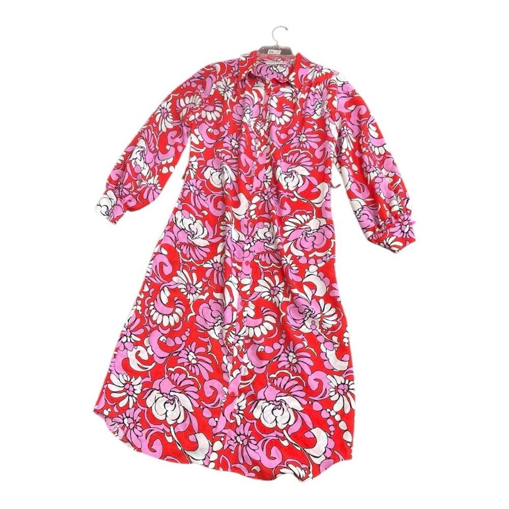 Trina Turk Red and Pink Long Sleeve Floral Maxi Dress